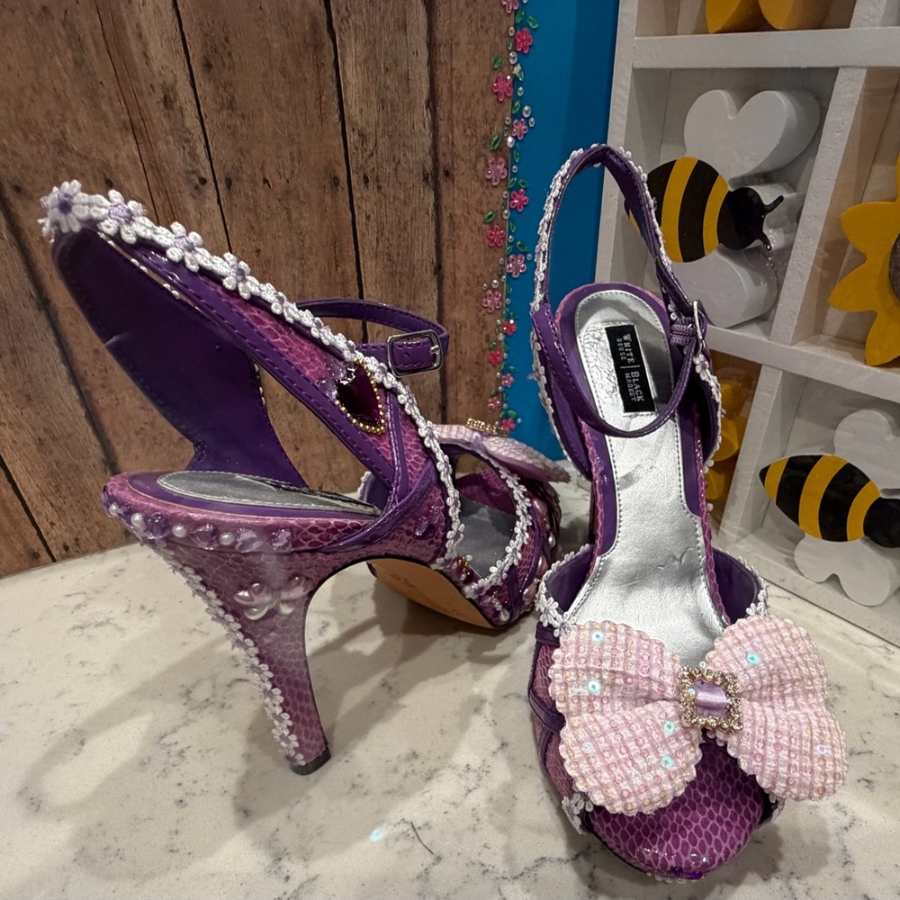 Customized hand-adorned statement heels in shades of purple, embellished sz9